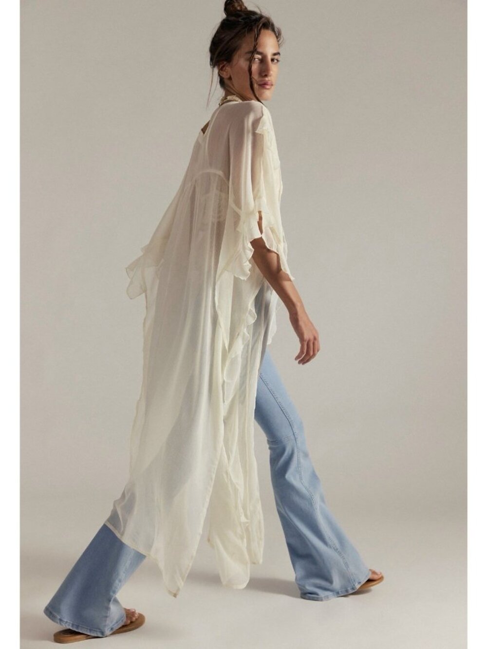 Free People Women Ivory Embellished Sheer Kimono Duster Tassel Tie One Size